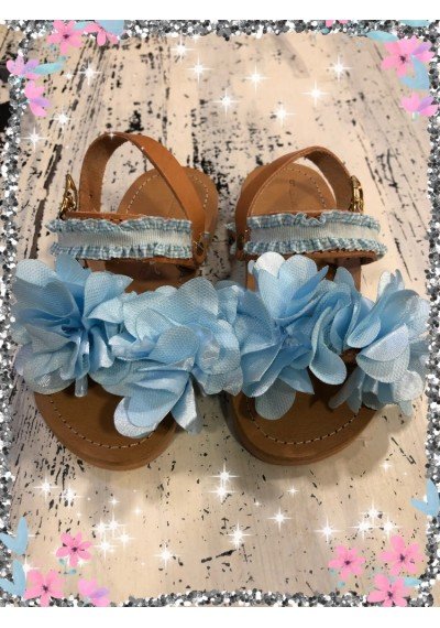 WB Δερμάτινα σανδάλια με μπλε δαντέλα λουλούδια