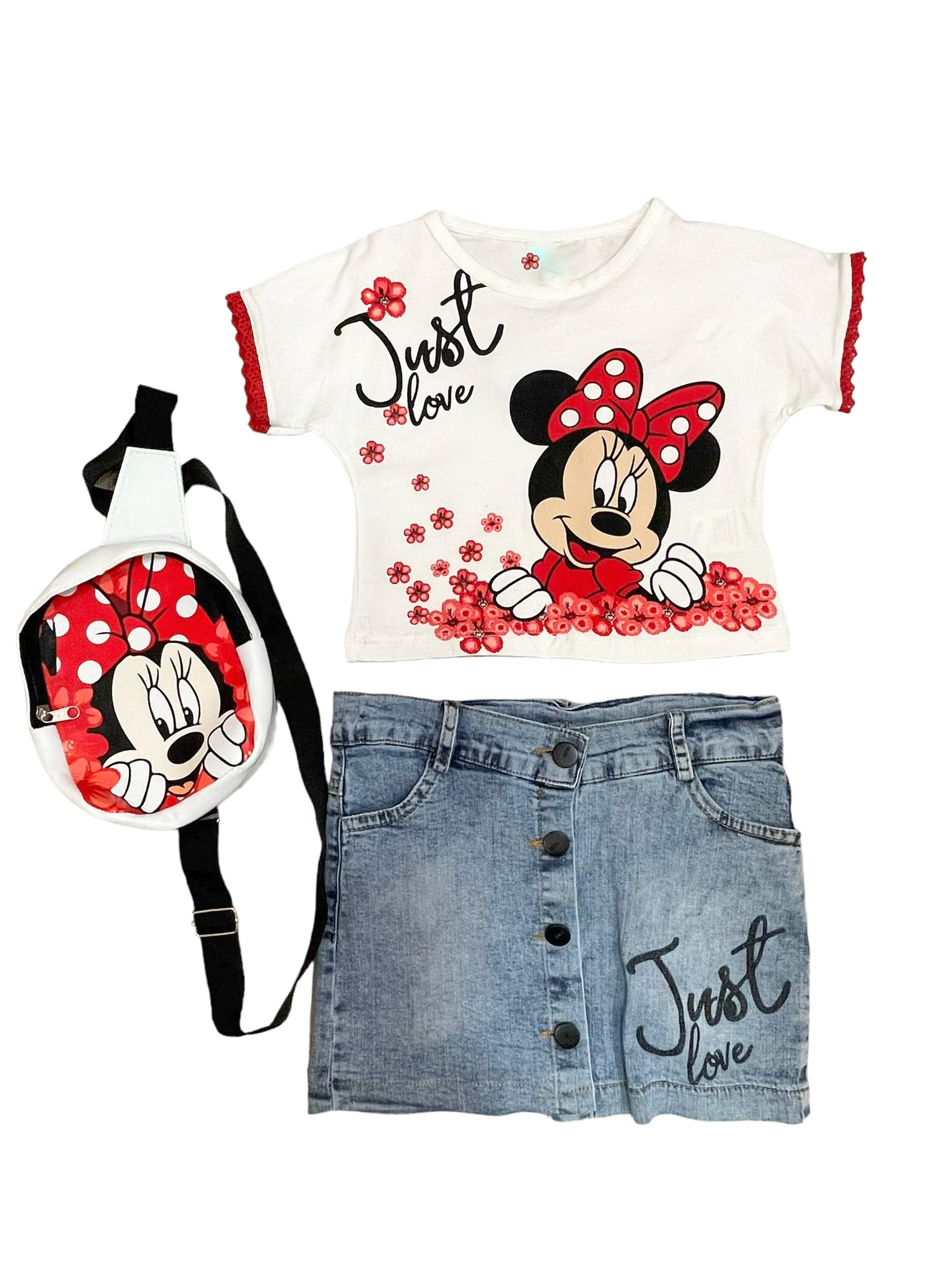 Σετ Minnie με φούστα, κροπ μπλούζα, σακίδιο πλάτης και αξεσουάρ μαλλιών