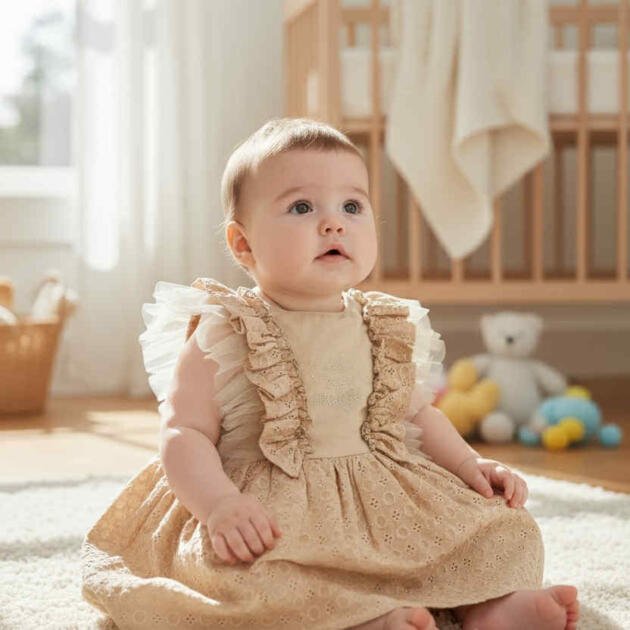 WB Φόρεμα από Λινό και Βαμβάκι με Δαντέλα και Βολάν , Mocca