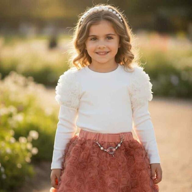 Luxe Φούστα balloon με δαντέλα και 3D λουλούδια Απόχρωση σάπιο μήλο