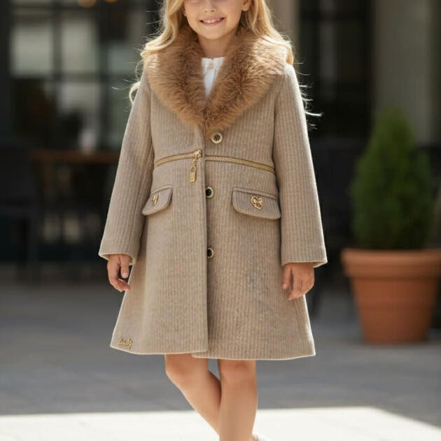 LUXE Παλτό Κασμίρ-Μάλλινο με Γούνα, Πλισέ Τιραντέ Φούστα , Μπλούζα 100% Βαμβάκι