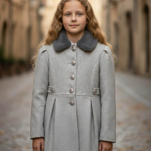 LUXE Παλτό Κοριτσιού – Μάλλινο-Βαμβακερό Υφαντό, Με Φόδρα, Vintage Σχεδιασμός και Γούνινος Γιακάς<span> - </span>8 ετών