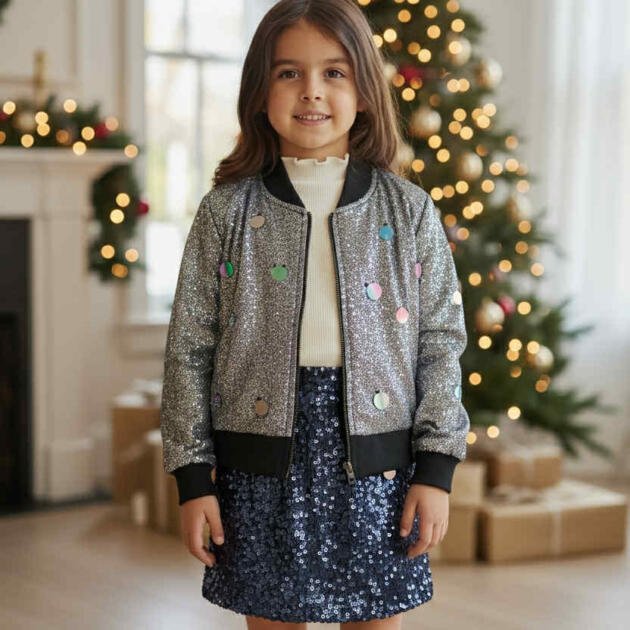 Κοριτσίστικο Σακάκι με Λάμψη και Παγιέτες – Ασημί