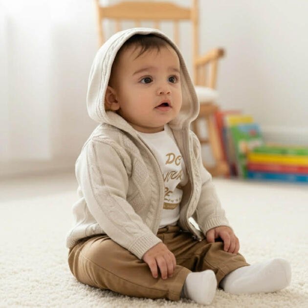 Σετ Αγoριού 3 Τεμαχίων Ζακέτα με Κουκούλα και Μάλλινη Επένδυση Ecru