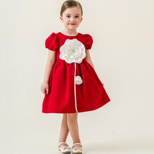 Φόρεμα Κόκκινο με Μεγάλο Σατέν Λουλούδι με Βαμβακερή Άνεση