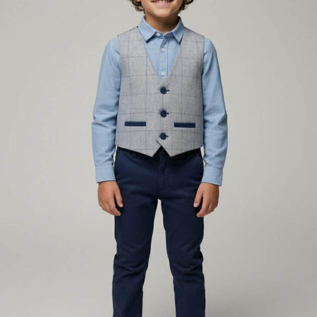 Κλασικό Παιδικό Γιλέκο Αγοριού – Μπλε/Μπλε Σκούρο Καρό Λεπτό