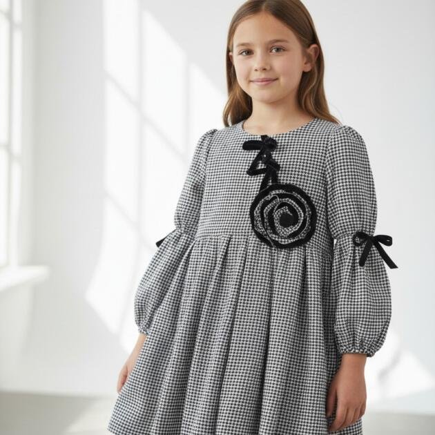 Καρό παιδικό φόρεμα με πλεκτό λουλούδι από βαμβακερή μουσελίνα