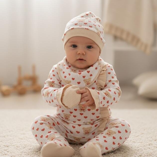 Σετ Δώρου Νεογέννητου 5 τμχ “Αρκουδάκι με Καρδιές” με Κουβερτάκι